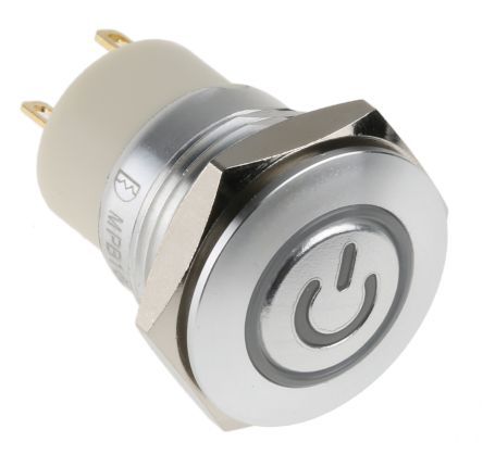 MPB16L-CARP-71-JR-12V, RS PRO Single Pole Single Throw (SPST) Momentary Blue, White LED Push Button Switch, IP67, 16 (Dia.)mm, Panel Mount,, Кнопочный переключатель