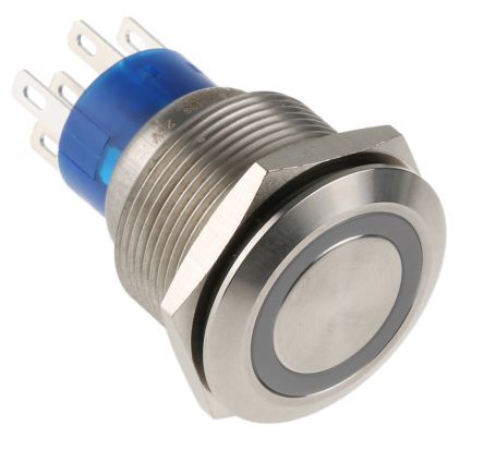 MPB22-A0F20E-624-JQ, RS PRO Double Pole Double Throw (DPDT) Momentary Green LED Push Button Switch, IP67, 22.2 (Dia.)mm, Panel Mount, 250V ac, Кнопочный переключатель