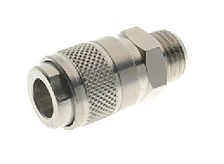 0011100002, RS PRO Pneumatic Quick Connect Coupling Nickel Plated Brass 1/4in Threaded, Муфта