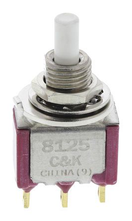 8125SHZBE, C & K Single Pole Double Throw (SPDT) Momentary Push Button Switch, 15.24 x 12.70mm, Panel Mount, Кнопочный переключатель