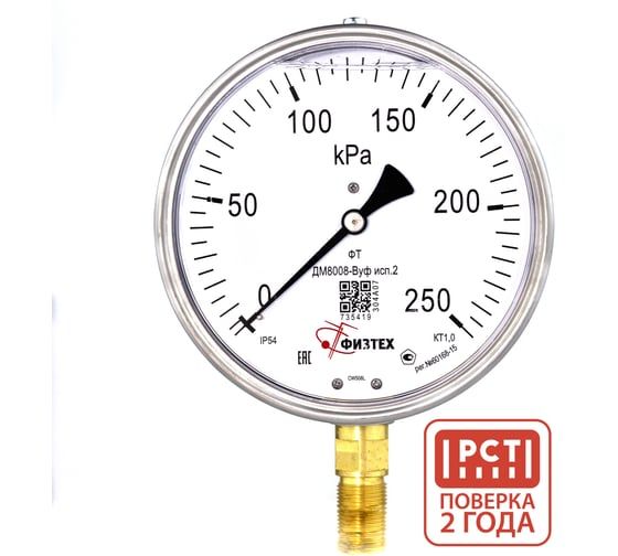 Манометр виброустойчивый Физтех ДМ8008-ВУф исп 2 0-250 кПа кт.1,0 d.160 IP54 M20x1,5 РШ, Силикон 4687205455147