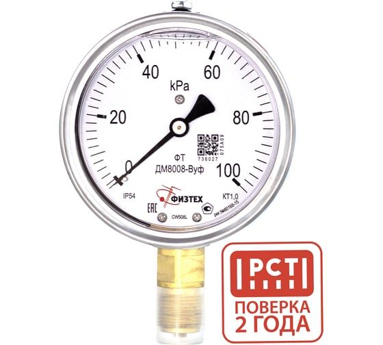 Манометр виброустойчивый Физтех ДМ8008-ВУф 0-100 кПа кт.1,0 d.100 IP54 M20x1,5 РШ, Силикон 4687205455116