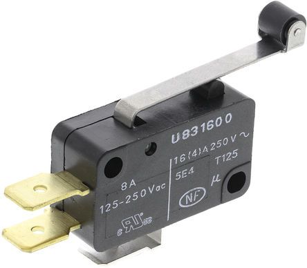 83160065, Crouzet SPDT Roller Lever Microswitch, 16 A @ 250 V ac, Микропереключатель