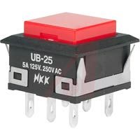 UB25KKW015C-CC-RO, NKK Switches Switch, Pushbutton, Lighted, Low Profile, DPDT, Snap In, On-(On), Bright Red LED, Кнопочный переключатель