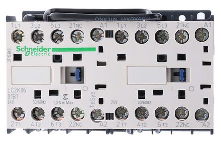LC2K0601B7, Schneider Electric 3 Pole Reversing Reversing Contactor - 6 A, 24 V ac Coil, TeSys K, 3NO, 3 kW, Контактор