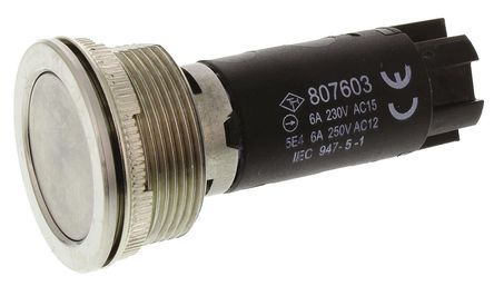 807603-601, Saia-Burgess Single Pole Double Throw (SPDT) Momentary Push Button Switch, IP67, 22.5 (Dia.)mm, Panel Mount, Кнопочный переключатель