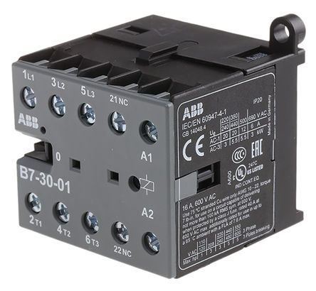 B7-30-01-80, ABB 3 Pole Contactor - 9 A, 230 V ac Coil, B Range, 3NO, 5.5 kW, Контактор