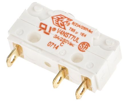 V4NST7UL, Saia-Burgess SPDT-NO/NC Plunger Microswitch, 5 A @ 250 V ac, Микропереключатель