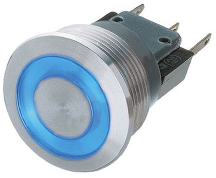 1241.6624.1124000, Schurter Single Pole Double Throw (SPDT) Momentary Blue LED Push Button Switch, IP40, 19 (Dia.)mm, Panel Mount, 250V ac, Кнопочный переключатель