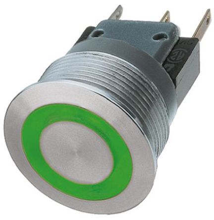 1241.6624.1122000, Schurter Single Pole Double Throw (SPDT) Momentary Green LED Push Button Switch, IP40, IP67, 19 (Dia.)mm, Panel Mount,, Кнопочный переключатель