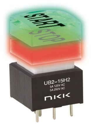 UB2-16H2SKP1RM-AN01S, NKK Switches Single Pole Double Throw (SPDT) Latching Red/Green LED Push Button Switch, 17.4 x 17.4mm, PCB, Кнопочный переключатель