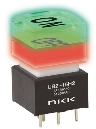 UB2-16H2SKP1RM-AN02S, NKK Switches Single Pole Double Throw (SPDT) Latching Red/Green LED Push Button Switch, 17.4 x 17.4mm, PCB, Кнопочный переключатель