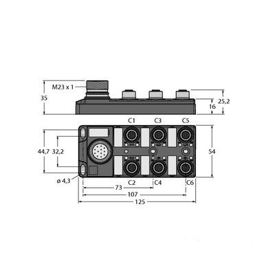 TB-6M12-5P3-CS19T Распределительная коробка для пассивных приводов/датчиков, М12 х 1, 6-порт., с разъемом вилка M23 для входящей линии