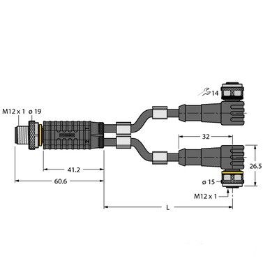 VBRS4.4-2WKC4.324T-0.15/0.15/TXL 2-портовый Y-разветвитель без кабеля, штекерный разъем M12?1 – 2 гнездовых разъема M12?1