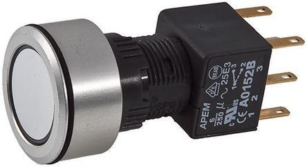 A1PCA1X220J203, APEM Double Pole Double Throw (DPDT) Latching Green LED Push Button Switch, IP65, Panel Mount, 250V ac, Кнопочный переключатель