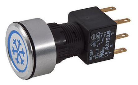 A1PCA1X214K403, APEM Double Pole Double Throw (DPDT) Latching Blue LED Push Button Switch, IP65, Panel Mount, Cooling (symbol), 250V ac, Кнопочный переключатель