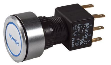 A1PCA1X249J403, APEM Double Pole Double Throw (DPDT) Latching Blue LED Push Button Switch, IP65, Panel Mount, Power, 250V ac, Кнопочный переключатель