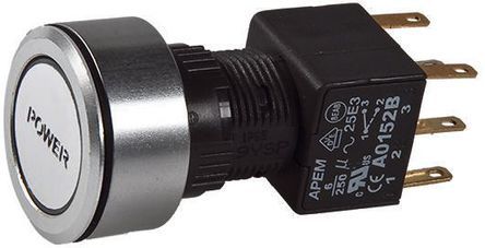 A1PCA1X249K103, APEM Double Pole Double Throw (DPDT) Latching Red LED Push Button Switch, IP65, Panel Mount, Power, 250V ac, Кнопочный переключатель