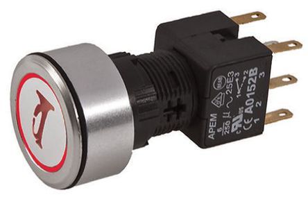 A1PCA1Y218K103, APEM Double Pole Double Throw (DPDT) Momentary Red LED Push Button Switch, IP65, Panel Mount, Horn (symbol), 250V ac, Кнопочный переключатель