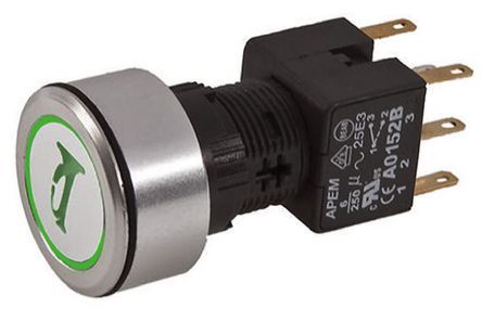 A1PCA1Y218K203, APEM Double Pole Double Throw (DPDT) Momentary Green LED Push Button Switch, IP65, Panel Mount, Horn (symbol), 250V ac, Кнопочный переключатель