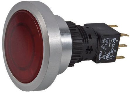 A9PFA1Y2BK1, Apem Double Pole Double Throw (DPDT) Momentary Red LED Push Button Switch, IP65, Panel Mount, Кнопочный переключатель