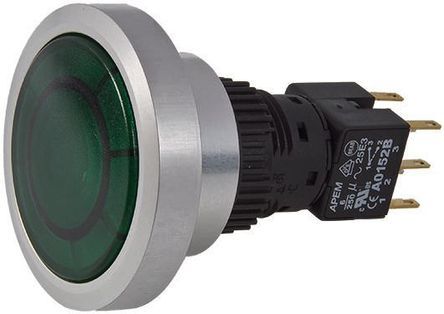 A9PFA1Y2EK2, APEM Double Pole Double Throw (DPDT) Momentary Green LED Push Button Switch, IP65, Panel Mount, Кнопочный переключатель