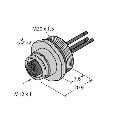 EC-FK4-0.5/20 Гнездовой разъем фланцевый с многожильным проводом, для фронтального монтажа