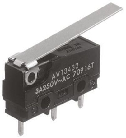 AVT3434, Panasonic SPDT Long Hinge Lever Microswitch, 3 A @ 250 V ac, Микропереключатель