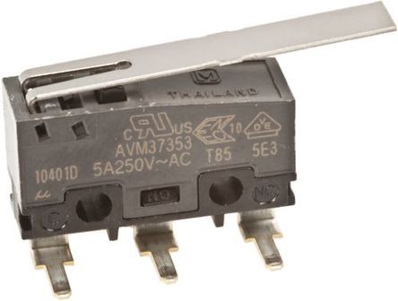 AVM37353, Panasonic SPDT Long Hinge Lever Microswitch, 5 A @ 250 V ac, Микропереключатель