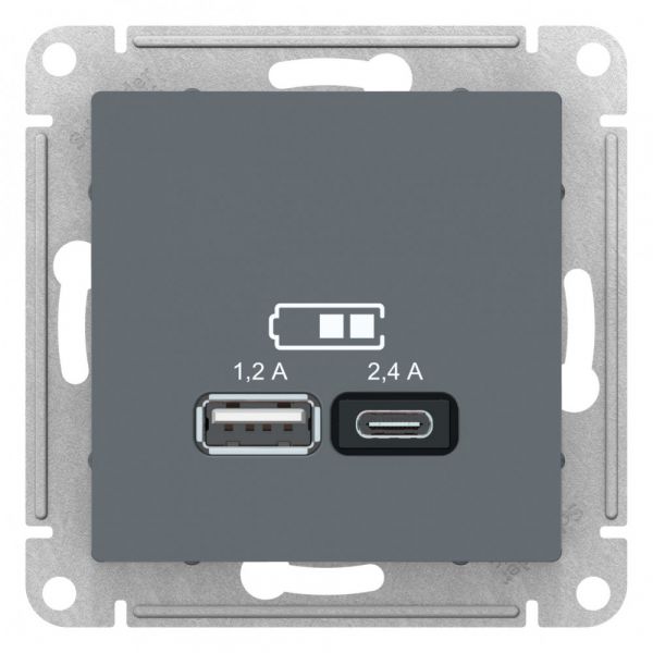 ATLASDESIGN USB РОЗЕТКА A+С, 5В/2,4А, 2х5В/1,2А, механизм, ГРИФЕЛЬ