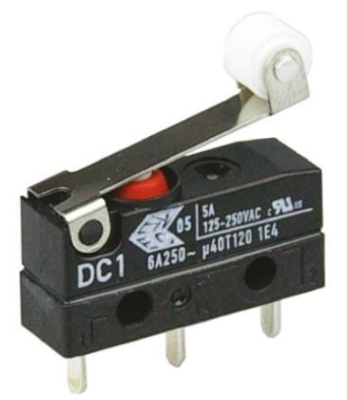 DC1C-H1RB, ZF SPDT-NO/NC Short Roller Lever Microswitch, 6 A @ 250 V ac, Микропереключатель