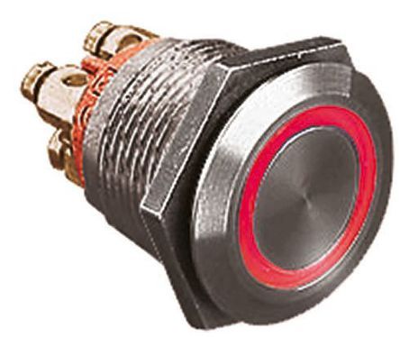 MPI002/TERM/D4, Bulgin Single Pole Single Throw (SPST) Momentary Push Button Switch, IP66, 19.2 (Dia.)mm, Panel Mount, 24V dc, Кнопочный переключатель