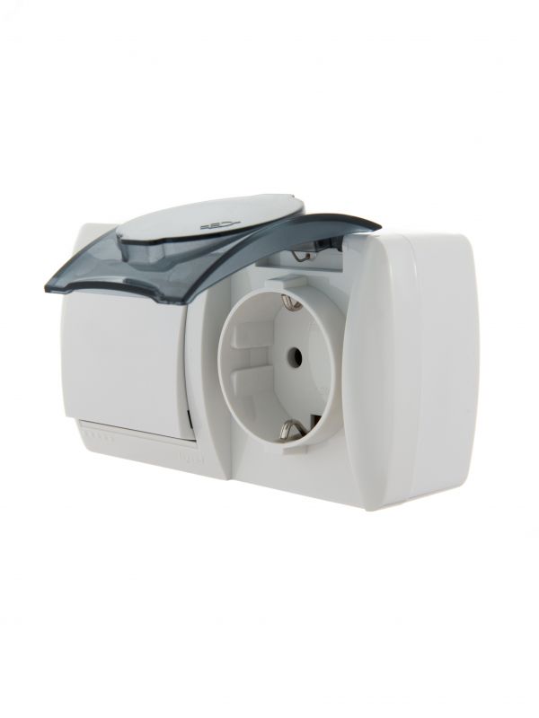 Выключатель одноклавишный, с розеткой с заземлением крышкой, белый, горизонтальный