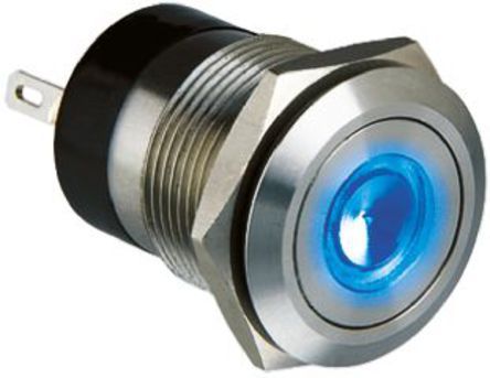 MPI001/28/BL/24, Bulgin Single Pole Single Throw (SPST) Momentary Blue LED Push Button Switch, IP66, 19.2 (Dia.)mm, Panel Mount, 24V dc, Кнопочный переключатель