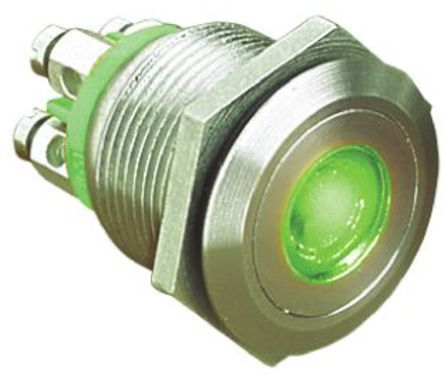 MPI001/TE/GN/6, Bulgin Single Pole Single Throw (SPST) Momentary Green LED Push Button Switch, IP66, 19.2 (Dia.)mm, Panel Mount, 24V dc, Кнопочный переключатель