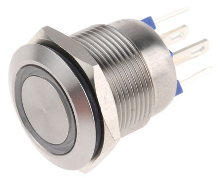 MPI002/28/BL/24, Bulgin Single Pole Single Throw (SPST) Momentary Blue LED Push Button Switch, IP66, 19.2 (Dia.)mm, Panel Mount, 24V dc, Кнопочный переключатель