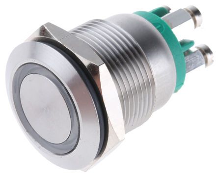 MPI002/TE/GN/6, Bulgin Single Pole Single Throw (SPST) Momentary Green LED Push Button Switch, IP66, 19.2 (Dia.)mm, Panel Mount, 24V dc, Кнопочный переключатель