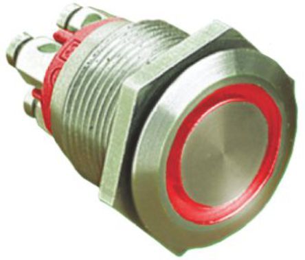 MPI002/TE/RD/12, Bulgin Single Pole Single Throw (SPST) Momentary Red LED Push Button Switch, IP66, 19.2 (Dia.)mm, Panel Mount, 24V dc, Кнопочный переключатель