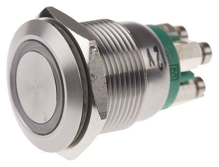 MPI002/TE/GN/12, Bulgin Single Pole Single Throw (SPST) Momentary Green LED Push Button Switch, IP66, 19.2 (Dia.)mm, Panel Mount, 24V dc, Кнопочный переключатель