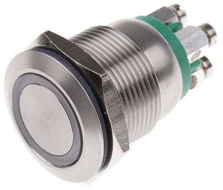 MPI002/TE/GN/24, Bulgin Single Pole Single Throw (SPST) Momentary Green LED Push Button Switch, IP66, 19.2 (Dia.)mm, Panel Mount, 24V dc, Кнопочный переключатель