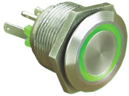 MPI002/RP/GN/6, Bulgin Single Pole Single Throw (SPST) Momentary Green LED Push Button Switch, IP66, 19.2 (Dia.)mm, Panel Mount, 24V dc, Кнопочный переключатель