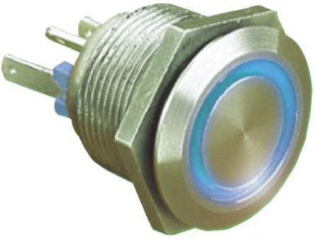 MPI002/RP/BL/24, Bulgin Single Pole Single Throw (SPST) Momentary Blue LED Push Button Switch, IP66, 19.2 (Dia.)mm, Panel Mount, 24V dc, Кнопочный переключатель