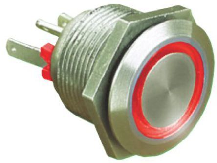 MPI002/RP/RD/24, Bulgin Single Pole Single Throw (SPST) Momentary Red LED Push Button Switch, IP66, 19.2 (Dia.)mm, Panel Mount, 24V dc, Кнопочный переключатель