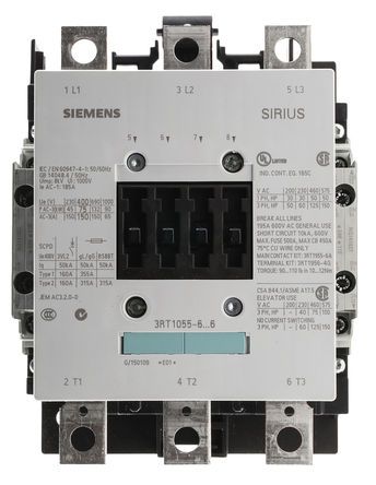 3RT1055-6LA06, Siemens 3 Pole Contactor - 150 A, 400 V ac Coil, SIRIUS Classic, 3 NO, 75 kW, Контактор