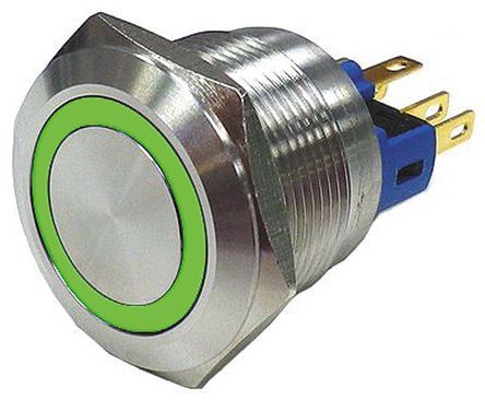 AV03L-B12-M3-FR-G-230V, RS PRO Single Pole Double Throw (SPDT) Latching Green LED Push Button Switch, IP65, IP67, 22 (Dia.)mm, Panel Mount,, Кнопочный переключатель