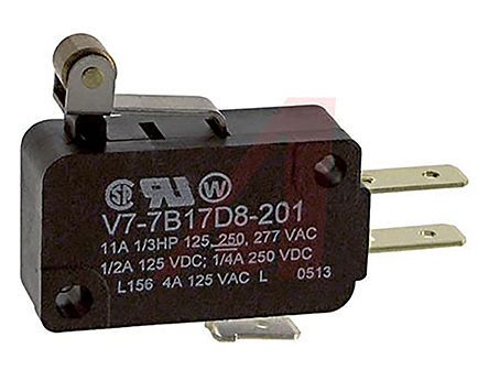 V7-7B17D8-201, Honeywell SPDT Roller Lever Microswitch, 11 A @ 250 V ac, Микропереключатель