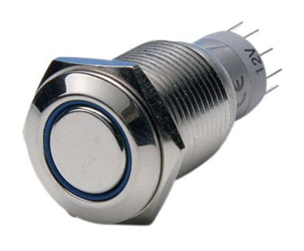 MP0045/1E2BL012, Bulgin Double Pole Double Throw (DPDT) Latching Blue LED Push Button Switch, 16.2 (Dia.)mm, Panel Mount, 50V, Кнопочный переключатель