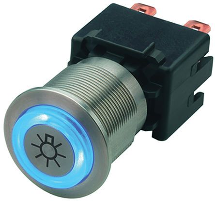 1241.6824.1114000, Schurter Single Pole Single Throw (SPST) Latching Blue LED Push Button Switch, IP00, IP40, IP64, 19.1 (Dia.)mm, Panel, Кнопочный переключатель