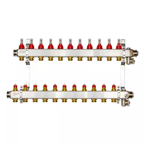 Комплект коллекторов Danfoss SSM-11F с расходомерами и кронштейнами, 11 контуров