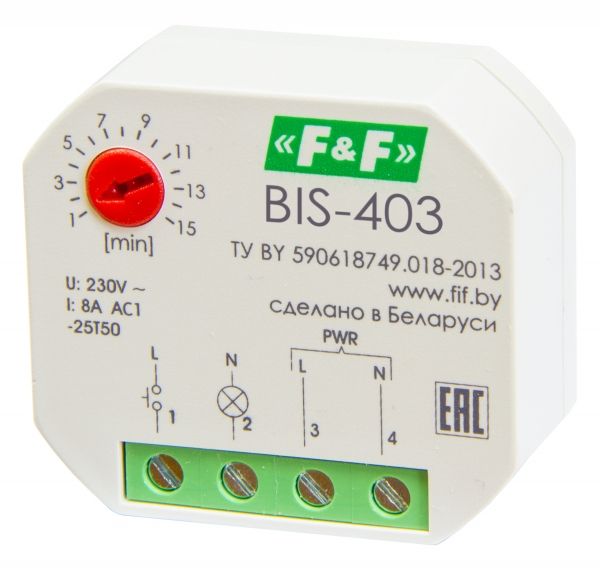 Реле импульсные (бистабильные) BIS-403 230В 8А с встроенным лестничным автоматом, для установки в монтажную коробку D 60 мм